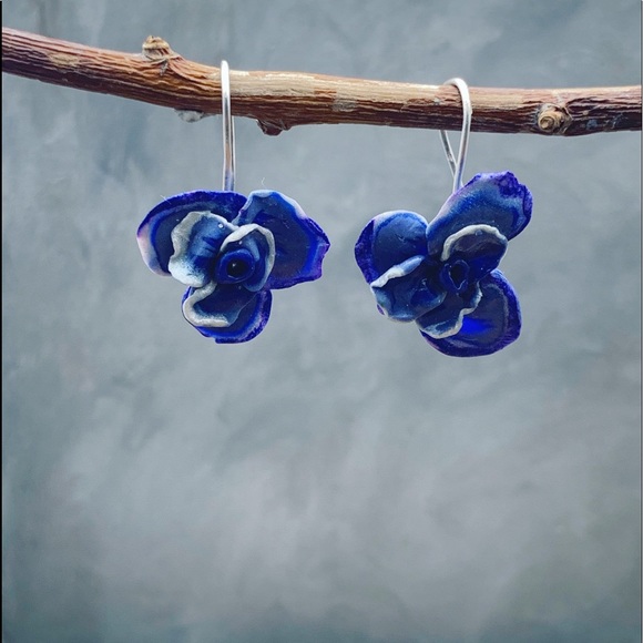 Handmade Blue Orchid Flower Earrings - Picture 2 of 5